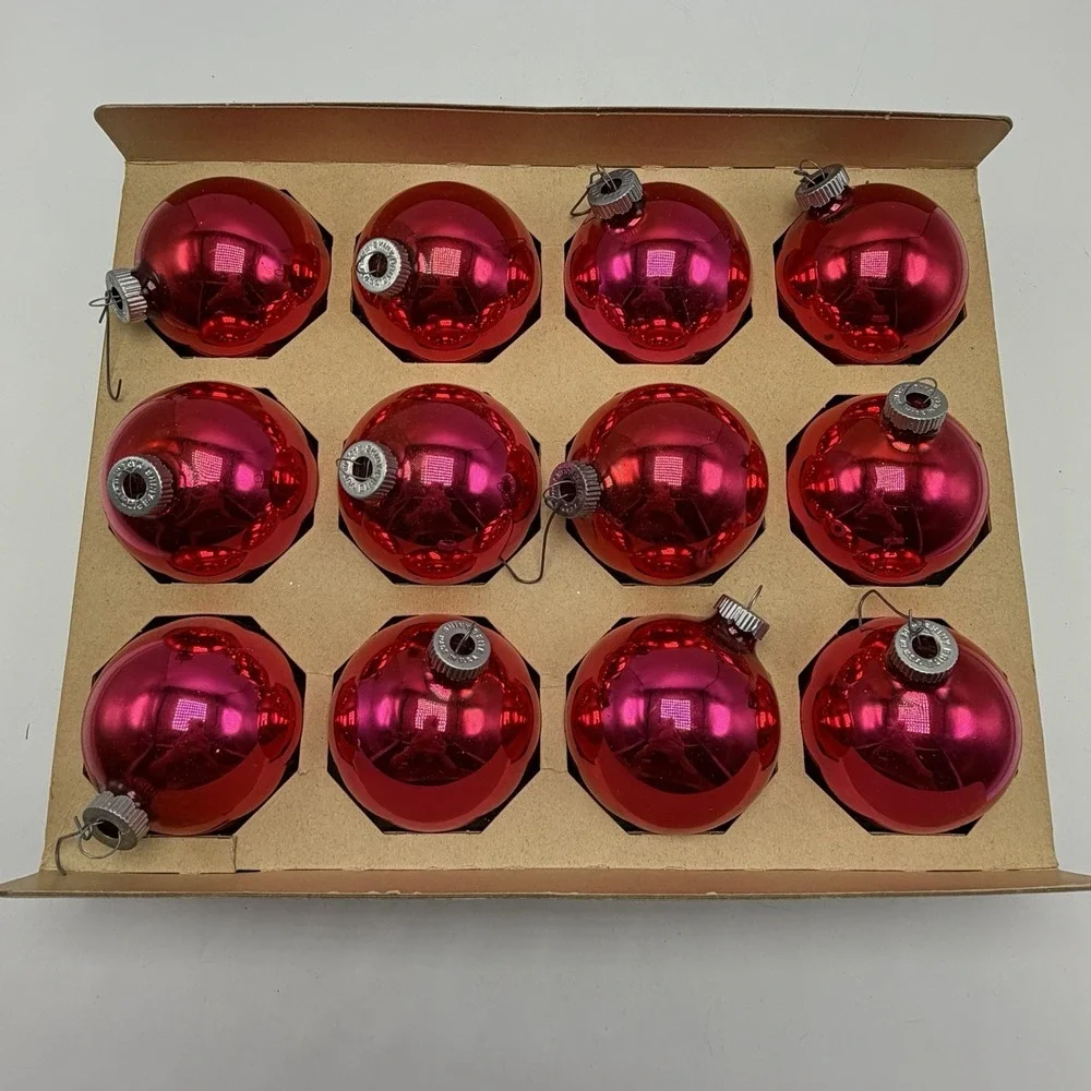 Vintage Shiny Brite Pink Red Glass Christmas Ornaments Set of 12 in Box Read